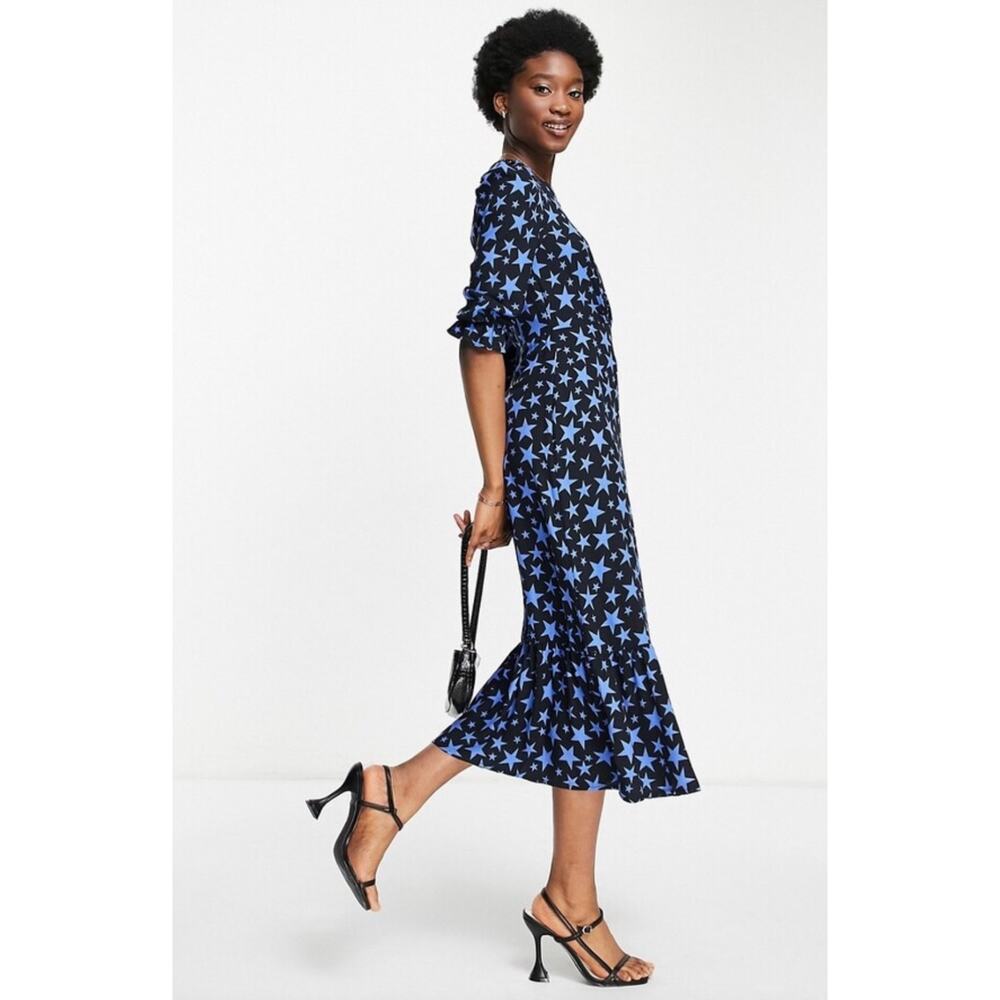 Nobody's Child Black Blue Star Print Puff Sleeve Midi Tea Dress UK 12 / US 8